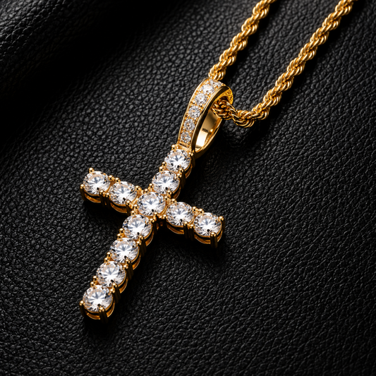 DIAMOND CROSS PENDANT ON 3MM ROPE CHAIN | GOLD