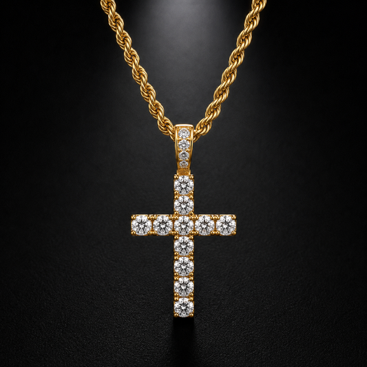 DIAMOND CROSS PENDANT ON 3MM ROPE CHAIN | GOLD