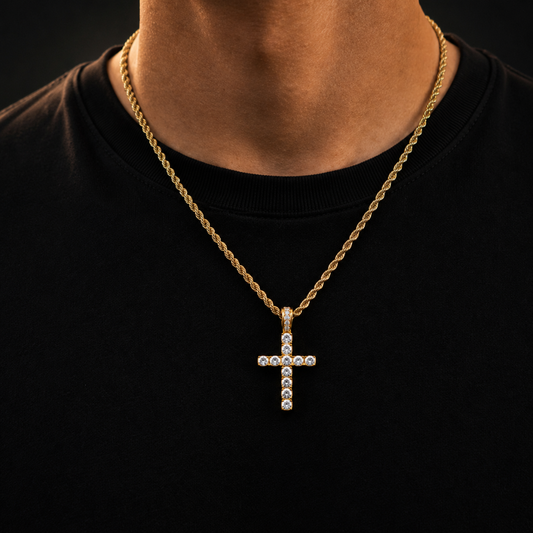 DIAMOND CROSS PENDANT ON 3MM ROPE CHAIN | GOLD