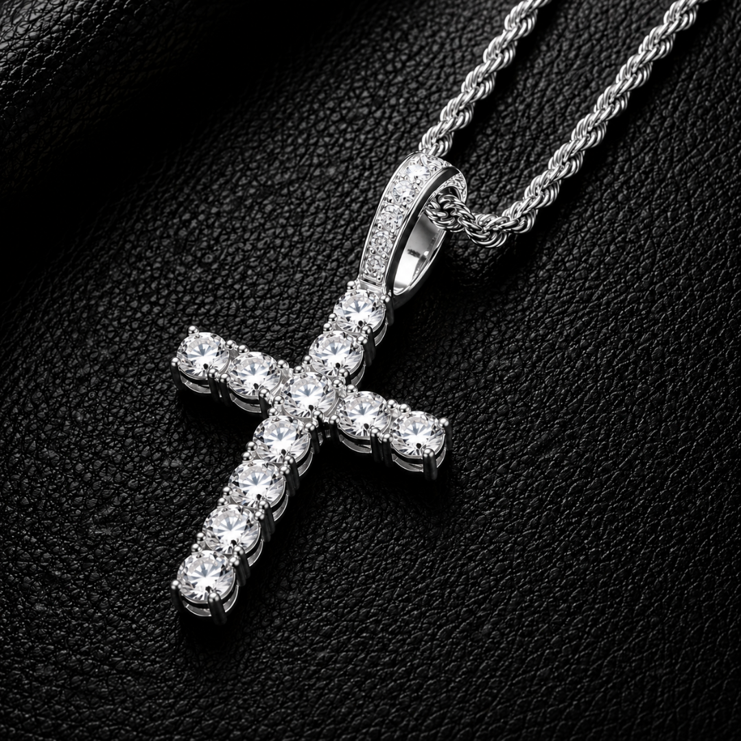 DIAMOND CROSS PENDANT ON 3MM ROPE CHAIN | SILVER