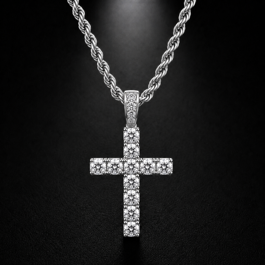 DIAMOND CROSS PENDANT ON 3MM ROPE CHAIN | SILVER