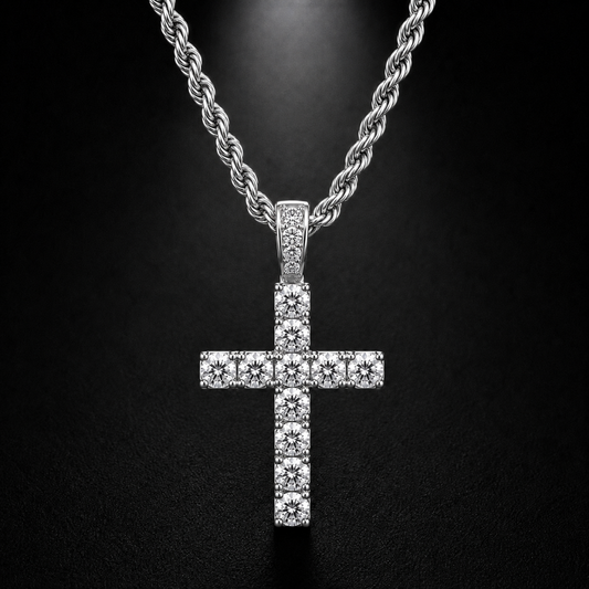 DIAMOND CROSS PENDANT ON 3MM ROPE CHAIN | SILVER