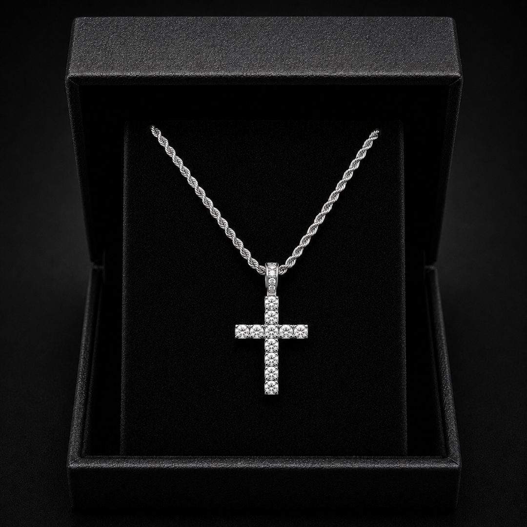 DIAMOND CROSS PENDANT ON 3MM ROPE CHAIN | SILVER