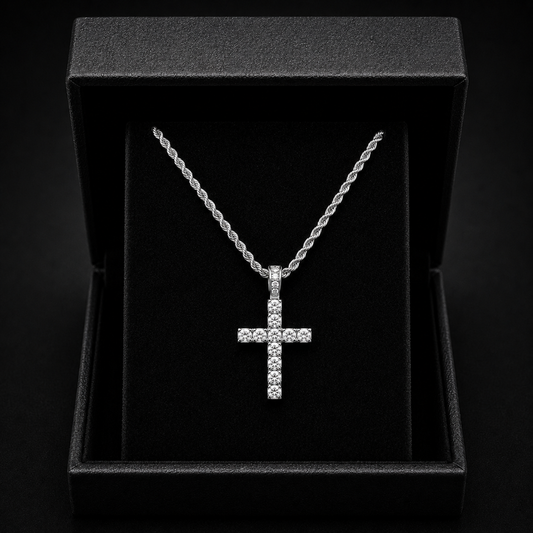 DIAMOND CROSS PENDANT ON 3MM ROPE CHAIN | SILVER