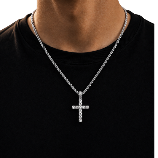 DIAMOND CROSS PENDANT ON 3MM ROPE CHAIN | SILVER