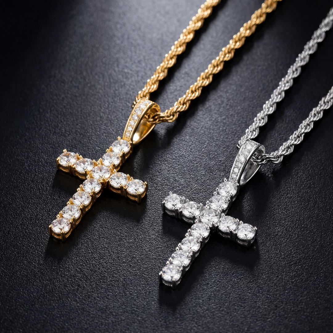 DIAMOND CROSS PENDANT ON 3MM ROPE CHAIN | GOLD