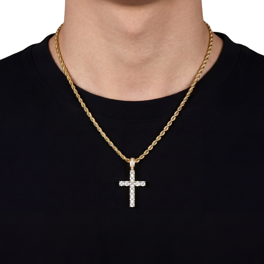 DIAMOND CROSS PENDANT ON 3MM ROPE CHAIN | GOLD